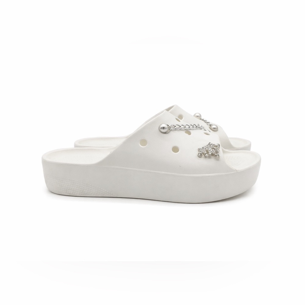 Crocs Classic White Platform Summer Slide Sandals with Silver Chain & Rhinestone - Picture 2 of 15